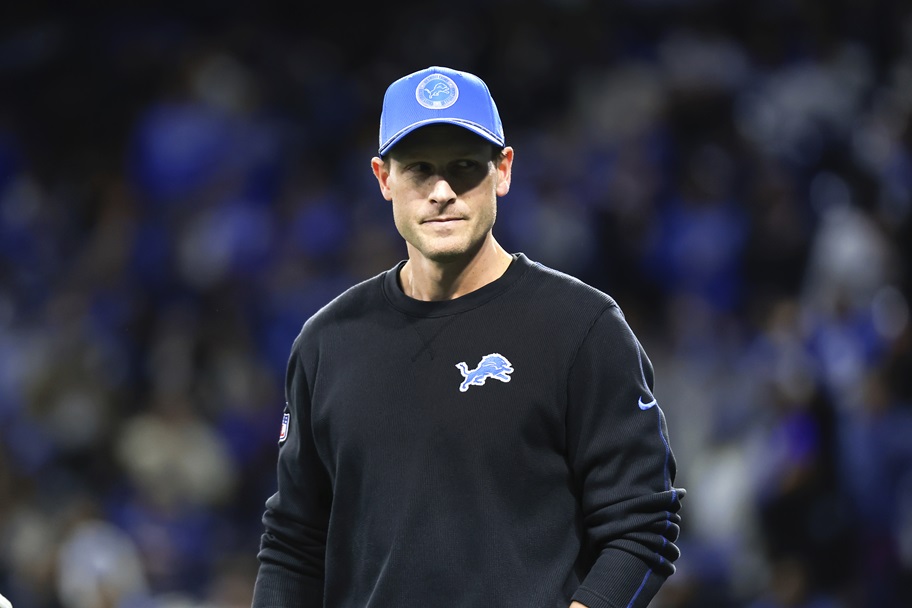 Ben Johnson watches a game as the Detroit Lions' offensive coordinator.